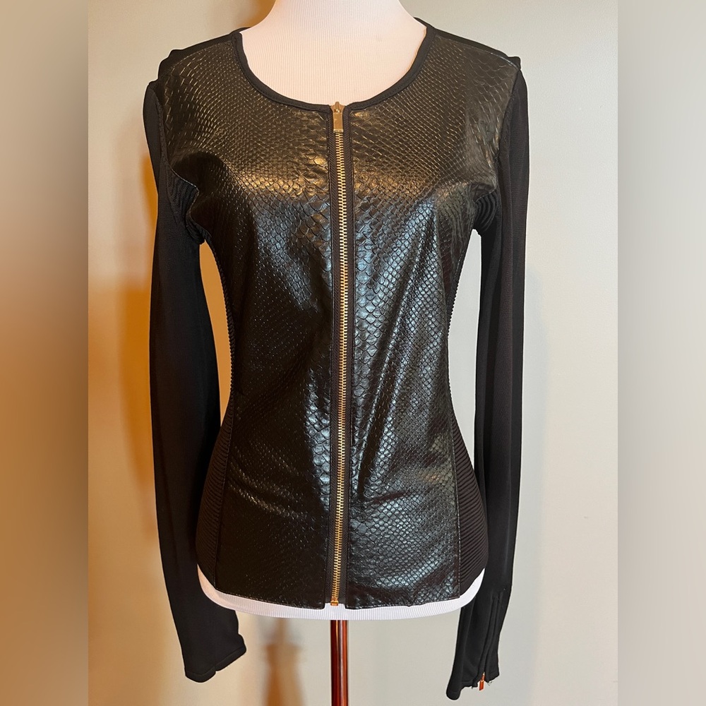 Cache Women’s Black Sweater With Faux  Leather Front and Gold Zipper- Size XS